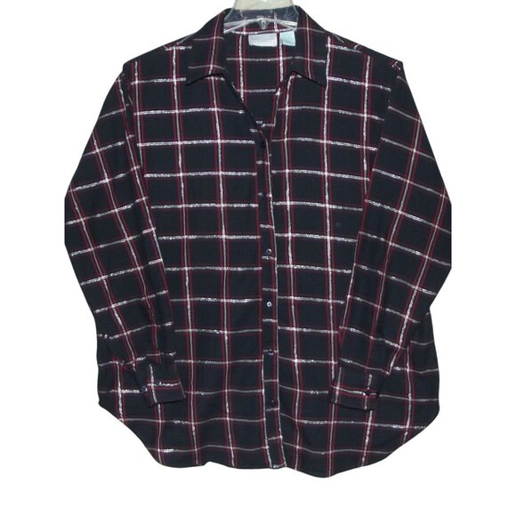 Company One Woman Shirt Plus 1X Navy Blue red Silver Metallic Plaid button-down - Picture 6 of 13